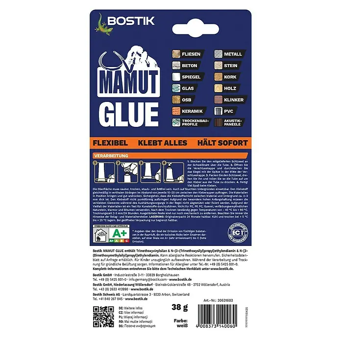 Bostik Montagekleber Mammut Glue - 38 g, Tube - Abbildung der Bostik Mamut Glue, einem flexiblen und starken Klebstoff für verschiedene Materialien, ideal für Heimwerkerprojekte.