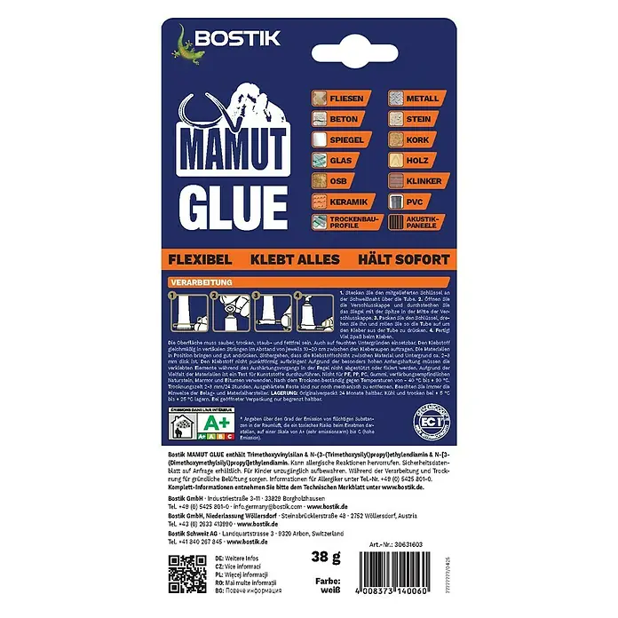 Bostik Montagekleber Mammut Glue - 38 g, Tube - Produktverpackung: BOSTIK Mamut Kleber, flexibler Alleskleber für Fliesen, Metall, Beton, Stein und mehr. Hält sofort und ist vielseitig einsetzbar.