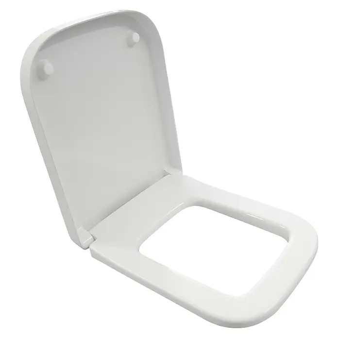 Temtasi WC-Sitz Vea - Duroplast, Weiß, Mit Absenkautomatik - Weißer Toilettensitz mit Deckel leicht geöffnet vor schwarzem Hintergrund. Das Produkt ist für Badezimmer konzipiert.