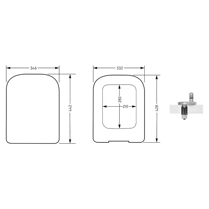 Temtasi WC-Sitz Vea - Duroplast, Weiß, Mit Absenkautomatik - Technische Zeichnung eines Toilettensitzes mit den Maßen 346 x 442 mm (außen) und 332 x 428 mm (innen).
