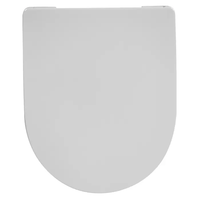 Temtasi WC-Sitz Infinity - Duroplast, Weiß, Mit Absenkautomatik - Weißer, halbkreisförmiger Tisch mit abgerundeten Ecken. Der Tisch bietet eine moderne und minimalistische Ästhetik und eignet sich perfekt für kleine Räume.