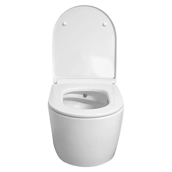 Temtasi Wand-Dusch-WC-Set Solid - Spülrandlos, Ohne Spezialglasur, Spülform: Tief, WC Abgang: Waagerecht, Weiß - Nahaufnahme einer weißen Wandtoilette mit geöffnetem Deckel, die ein modernes und minimalistisches Design zeigt.