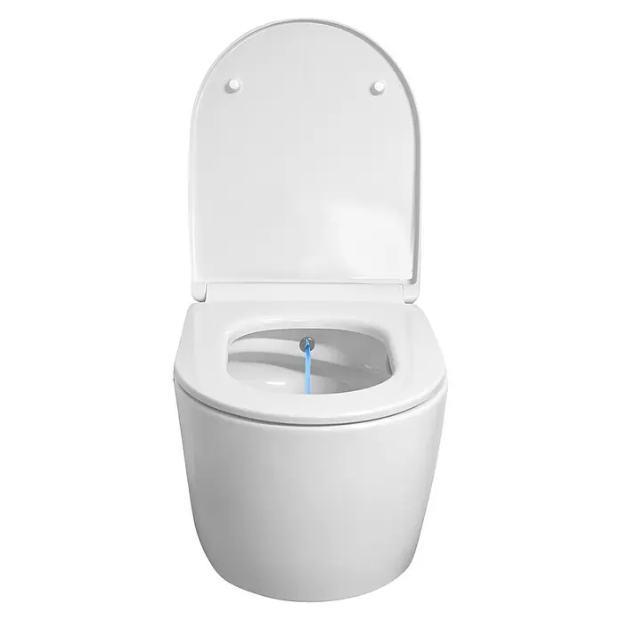 Temtasi Wand-Dusch-WC-Set Solid - Spülrandlos, Ohne Spezialglasur, Spülform: Tief, WC Abgang: Waagerecht, Weiß - Das Bild zeigt eine moderne, weiße Toilette mit Bidetfunktion, bei der ein feiner Wasserstrahl für die Reinigung sorgt. Sie ist sauber und einladend.