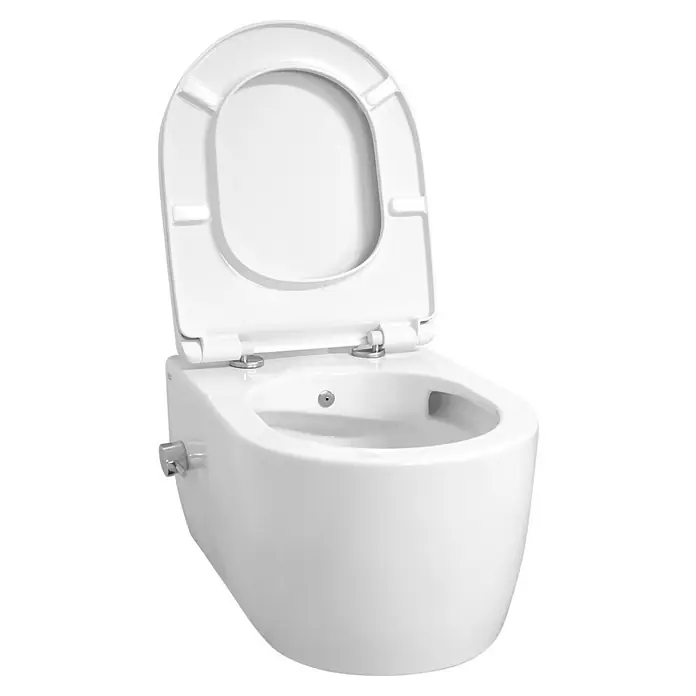 Temtasi Wand-Dusch-WC-Set Solid - Spülrandlos, Ohne Spezialglasur, Spülform: Tief, WC Abgang: Waagerecht, Weiß - Ein schickes, wandhängendes Bidet mit offenem Deckel, das moderne Badezimmerdesign verkörpert und Komfort mit Stil verbindet.