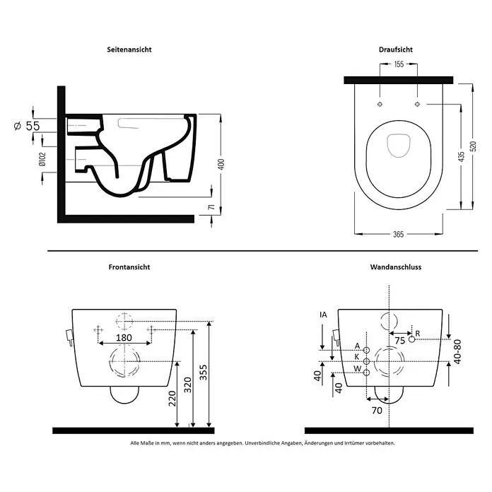 Temtasi Wand-Dusch-WC-Set Solid - Spülrandlos, Ohne Spezialglasur, Spülform: Tief, WC Abgang: Waagerecht, Weiß - Technische Zeichnung einer wandhängenden Toilette mit Maßen für Installation und Design.