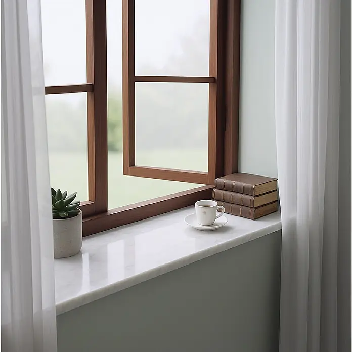 Fensterbank Royal - 113 x 30 x 2 cm, Weiß, Marmor - Einblick durch das geöffnete Fenster mit Bücherstapel und einer Tasse Kaffee auf der Marmorfensterbank.