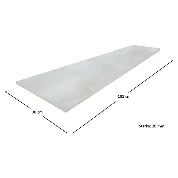 Fensterbank Royal - 151 x 30 x 2 cm, Weiß, Marmor - Produktbild einer 151 cm langen, 30 cm breiten und 20 mm starken Arbeitsplatte.