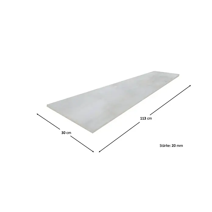 Fensterbank Royal - 113 x 30 x 2 cm, Weiß, Marmor - Produktbild einer weißen Platte mit den Maßen 113 cm x 30 cm und einer Stärke von 20 mm.