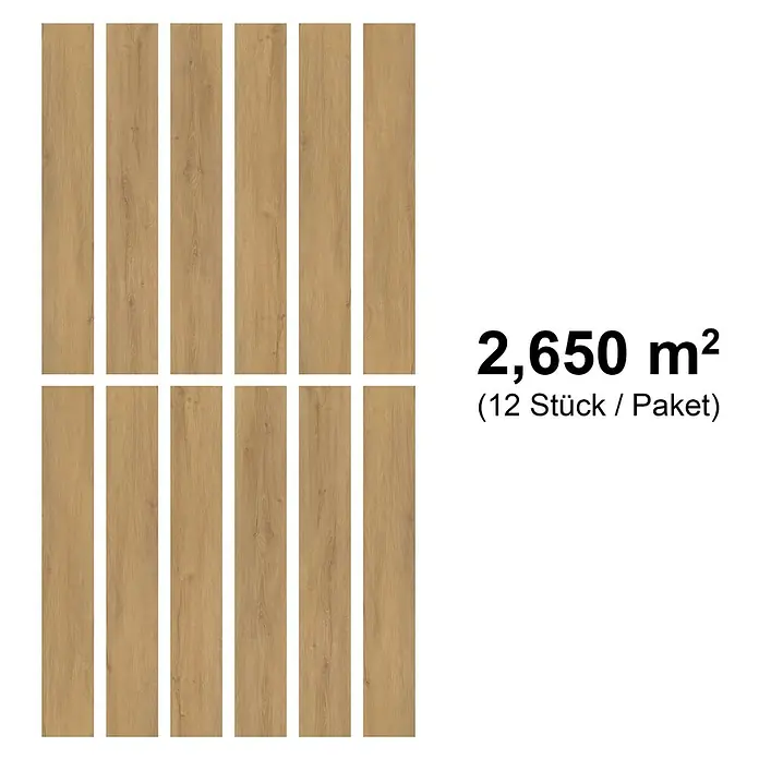 Vinylboden SPC - Eiche Solar, Landhausdiele, 1.220 x 182 x 4,3 mm - Bild von 12 Paneelen Laminatboden, die 2,650 m² abdecken. Ideal für Renovierungen und Neubauten, da sie Wärme und Stil in jeden Raum bringen.