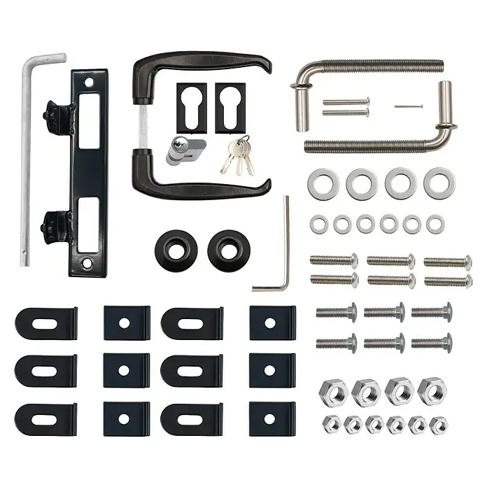 FA-Bausysteme Zauntor Basic - 1,2 x 1,4 m, Stahl, Anthrazit, 1-Flügel - Abgebildetes Torbeschlag-Set, komplett mit Griffen, Schloss und Montagezubehör für eine sichere und dauerhafte Installation.