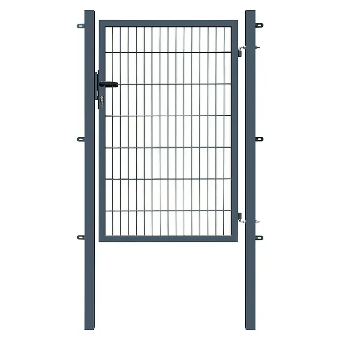 FA-Bausysteme Zauntor Basic - 1 x 1,6 m, Stahl, Anthrazit, 1-Flügel - Graues Metallgittertor mit einem Griff und einem Schloss. Das Gitter ist rechteckig und besteht aus vielen vertikalen und horizontalen Stäben.