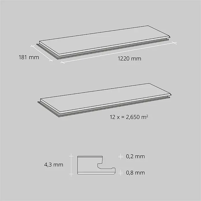 Vinylboden SPC - Eiche Solar, Landhausdiele, 1.220 x 182 x 4,3 mm - Eine detaillierte Skizze von zwei Paneelen mit Maßangaben, inklusive einer Profilansicht der Paneelverbindung.