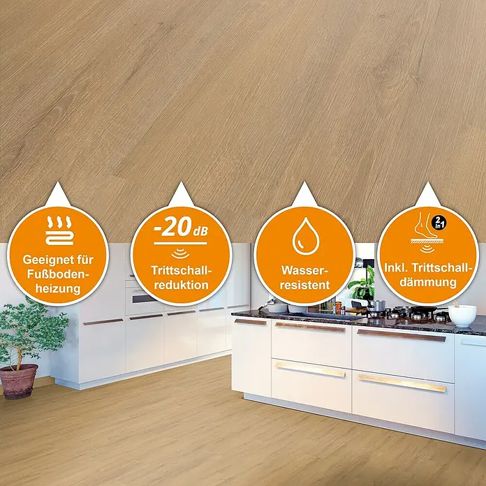 Vinylboden SPC - Eiche Solar, Landhausdiele, 1.220 x 182 x 4,3 mm - Bild von Bodenbelägen mit Eigenschaften wie Fußbodenheizungseignung, Trittschallreduzierung (-20 dB), Wasserbeständigkeit und Trittschalldämmung.