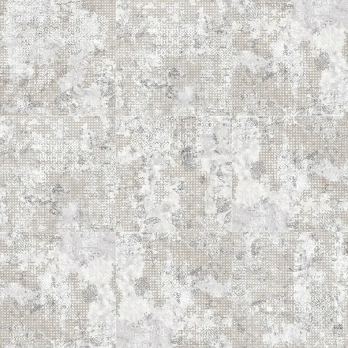 Feinsteinzeugfliese Rug - 59,55 x 59,55 cm, Grey, Matt - Abstraktes Fliesenmuster in Grau- und Beigetönen mit dekorativen Akzenten für ein elegantes und modernes Interieurdesign.