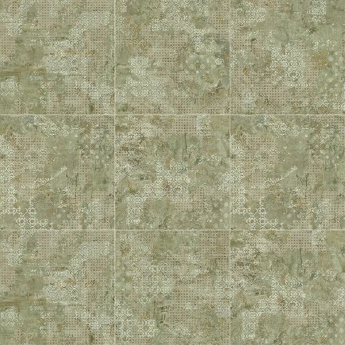 Feinsteinzeugfliese Rug - 59,55 x 59,55 cm, Green, Matt - Nahaufnahme von neun grünen Zementfliesen mit einem dezenten, floralen Muster und einem Vintage-Look.