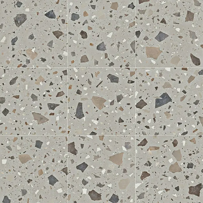 Feinsteinzeugfliese Pebble - 59,55 x 59,55 cm, Grey, Matt - Terrazzo Fliesenmuster in Grau mit bunten Steinen. Ideal für moderne Boden- und Wandgestaltungen.