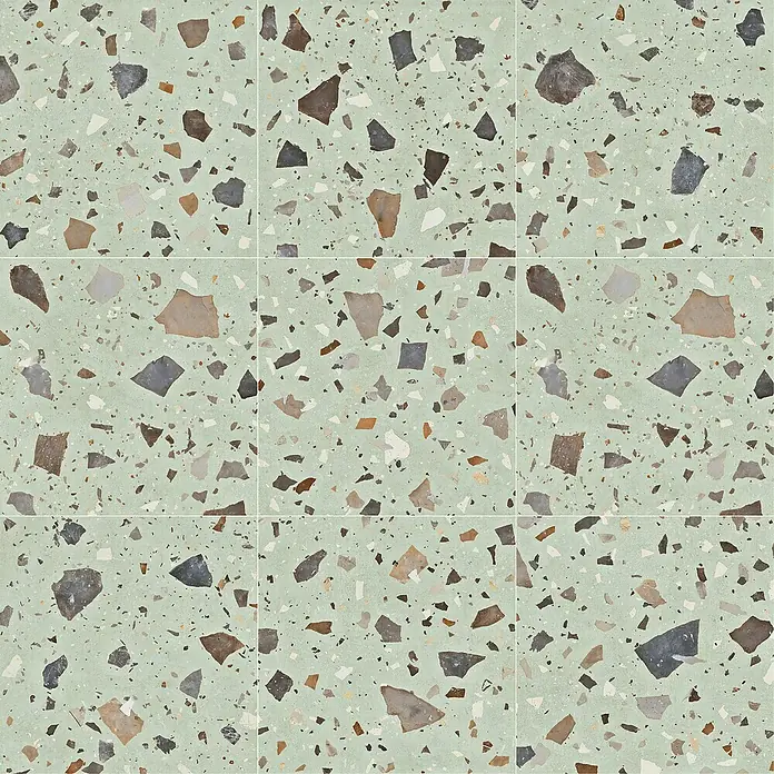 Feinsteinzeugfliese Pebble - 59,55 x 59,55 cm, Green, Matt - Bodenfliesen im Terrazzo-Stil. Mintgrüne Keramikfliesen mit bunten Steinsplittern für eine stilvolle und moderne Raumgestaltung.