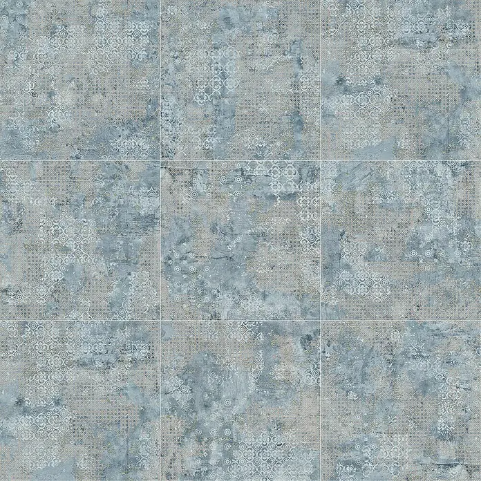 Feinsteinzeugfliese Rug - 59,55 x 59,55 cm, Blue, Matt - Neun graublaue Vintage-Fliesen mit filigranem Muster, die eine stilvolle und elegante Atmosphäre für jeden Raum schaffen.