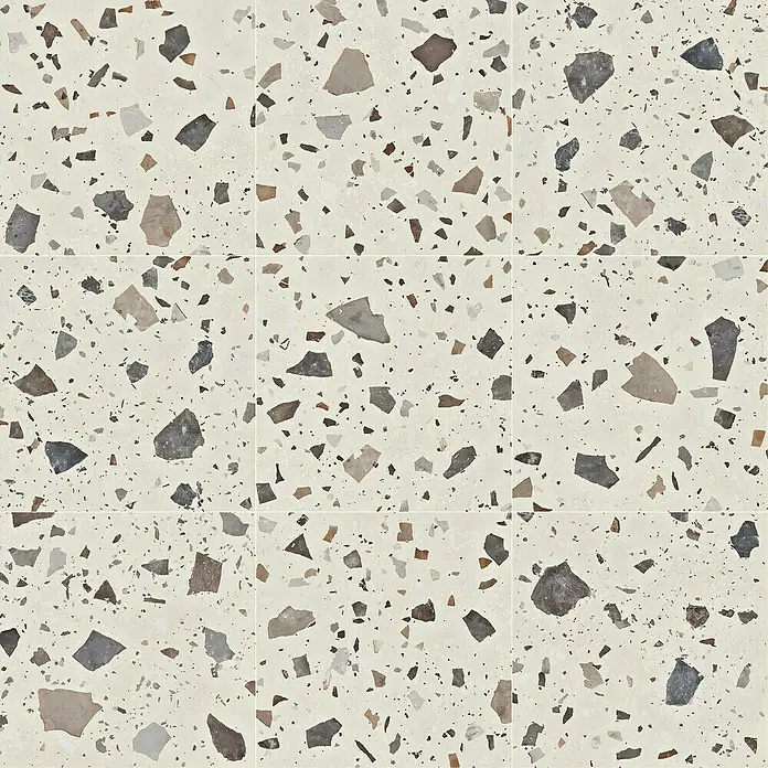 Feinsteinzeugfliese Pebble - 59,55 x 59,55 cm, Ivory, Matt - Terrazzo-Fliesenmuster in Beige mit bunten Steinelementen, ideal für moderne Innenräume und Böden.