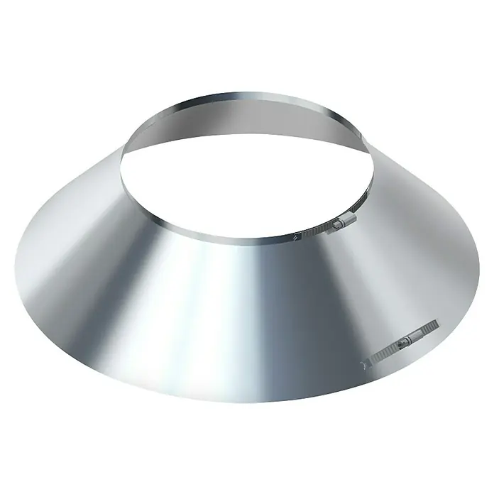 Raab Wetterkragen DW 25 Optilife - Durchmesser: 150 mm, Edelstahl, Silber - Metalltrichter mit zwei Schlauchschellen zur Befestigung. Der Trichter ist silberfarben und hat eine glänzende Oberfläche.