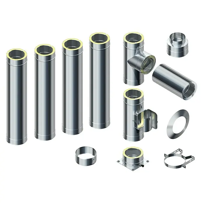 Raab Kaminrohr-Set DW 25 Optilife mit Dämmung - Durchmesser: 150 mm, 4,8 m - Doppelwandige Edelstahlschornsteinrohre und Zubehörteile. Edelstahlrohre mit gelber Isolierung und verschiedenen Zubehörteilen für den Schornsteinbau.