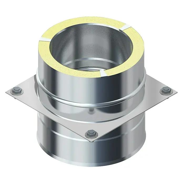 Raab Fußplatte DW 25 Optilife - Durchmesser: 150 mm, 600 °C - Abbildung eines isolierten, runden Rohrverbindungsstücks aus Metall mit quadratischer Montageplatte und Befestigungsschrauben.