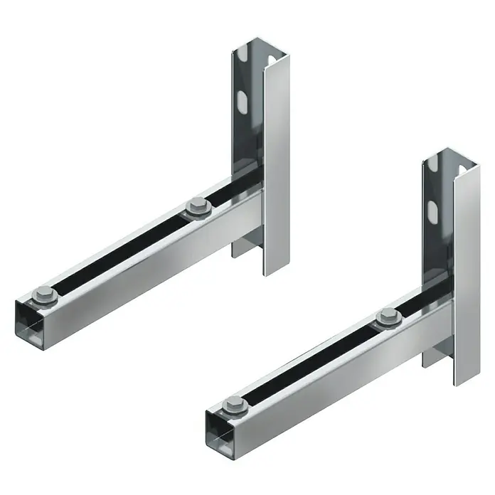 Raab Wandkonsole DW 25 Optilife TYP 325 Wandabstand: 110 mm - Edelstahl - Eine Nahaufnahme von zwei silbernen Klimaanlagenhaltern mit quadratischen Armen und Schrauben auf einem schwarzen Hintergrund.