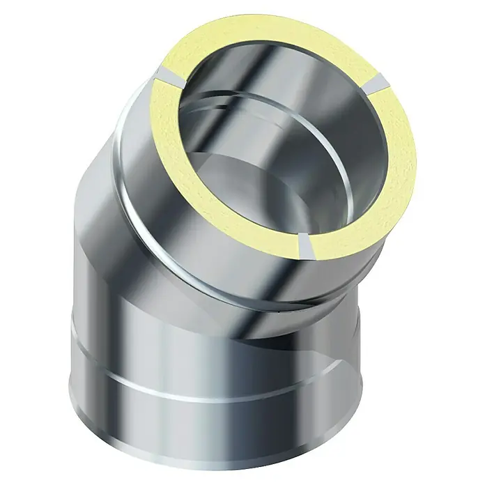 Raab Rohrbogen DW 25 Optilife mit Dämmung - Bogenwinkel: 30 ° - Isometrische Ansicht eines isolierten Rohrkrümmers mit gelber Isolierung und glänzendem, silberfarbenem Metallgehäuse.