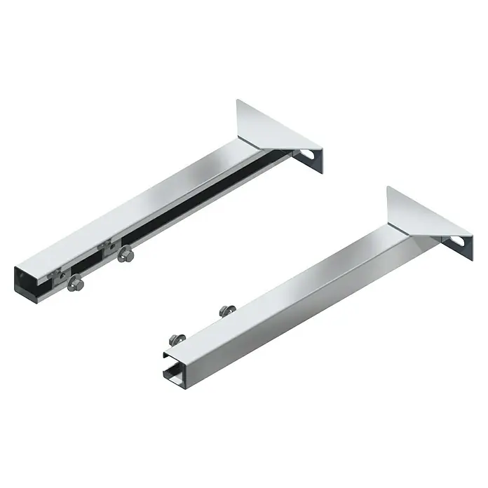 Raab Verlängerung für Wandbefestigung DW 25 Optilife - Für Wandabstände bis 410 mm - Eine Nahaufnahme von zwei silbernen Linearschienen, die in unterschiedlichen Winkeln angeordnet sind und die präzisen Konstruktionsdetails hervorheben.
