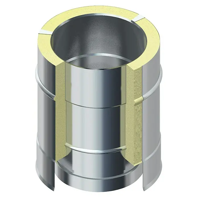 Raab Ofenrohr DW 25 Optilife mit Dämmung - Ø x L: 150 x 250 mm - Isolierter Edelstahlkaminzug, Querschnittansicht, zeigt die hochwertige Isolierung und das robuste Edelstahldesign für effiziente Wärmeableitung.