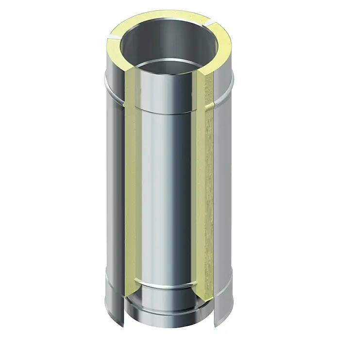 Raab Ofenrohr DW 25 Optilife mit Dämmung - Ø x L: 150 x 500 mm - Isometrische Darstellung eines isolierten Edelstahlrohrs mit einer gelben Isolierschicht und glänzenden Oberfläche für industrielle Anwendungen.