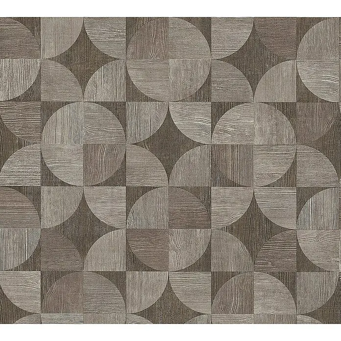 Tadessi Vliestapete M1-No.1570 - Grau, Sonstiges, 10,05 x 0,53 m - Holzoptik-Geometriemuster mit Viertelkreisen in Braun- und Grautönen.
