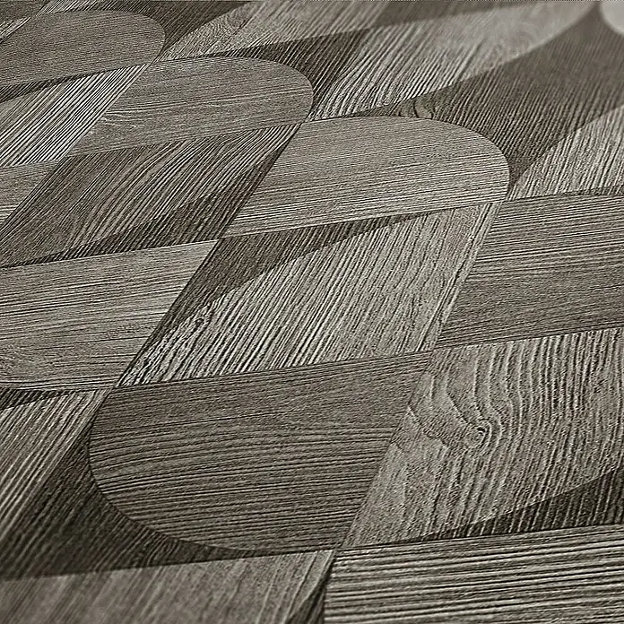 Tadessi Vliestapete M1-No.1570 - Grau, Sonstiges, 10,05 x 0,53 m - Dunkelgrauer Holzboden mit ineinandergreifendem geometrischem Muster, das unterschiedliche Holzmaserungen zeigt.