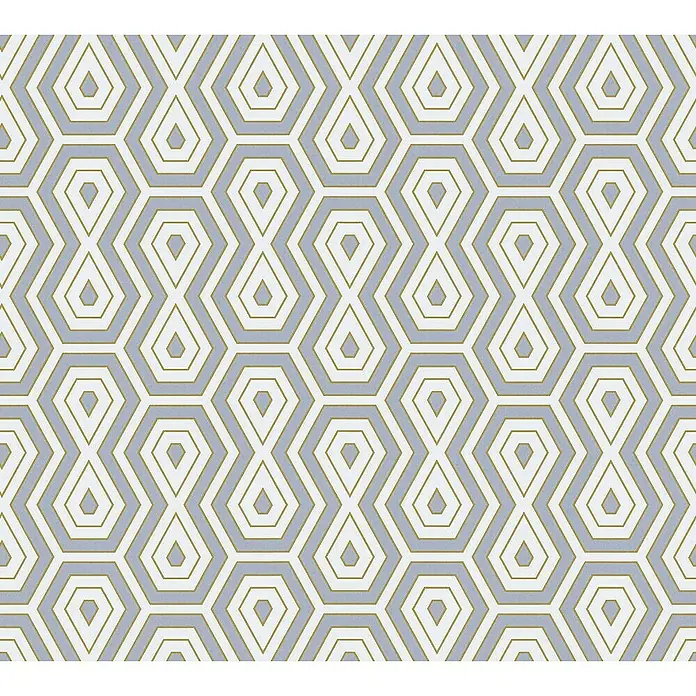 Tadessi Vliestapete M1-No.1542 - Grau, Sonstiges, 10,05 x 0,53 m - Wiederholendes geometrisches Muster aus hellblauen Sechsecken und ineinander verschlungenen beigen Formen.