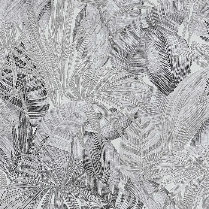 Tadessi Vliestapete M1-No.251 - Schwarz, Floral, 10,05 x 0,53 m - Monochromes Muster tropischer Blätter in detaillierter Graustufenzeichnung.