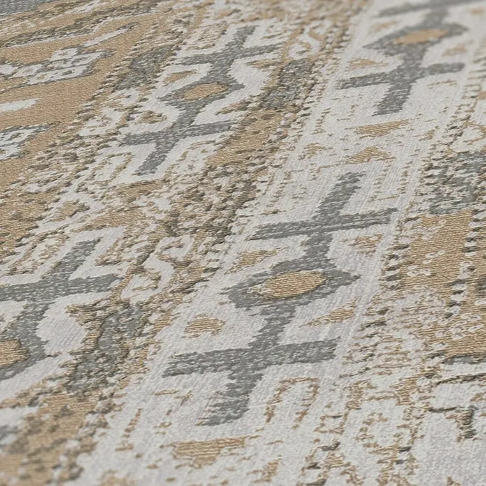 Tadessi Vliestapete M1-No.1608 - Weiß, Sonstiges, 10,05 x 0,53 m - Strukturierter Stoff mit geometrischem Muster in Beige, Grau und Weiß.