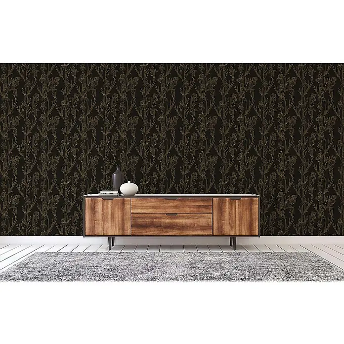 Tadessi Vliestapete M1-No.1376 - Schwarz, Floral, 10,05 x 0,53 m - Dunkle Tapete mit feinem goldfarbenem Blumenmuster, passend zu einem Holz-Sideboard.