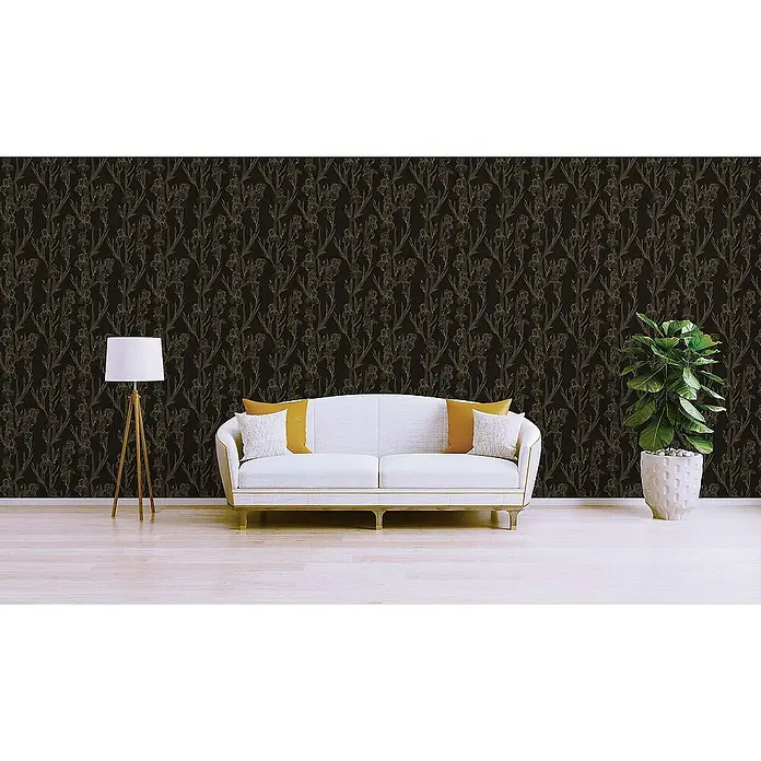 Tadessi Vliestapete M1-No.1376 - Schwarz, Floral, 10,05 x 0,53 m - Dunkle Tapete mit goldenem Iris-Blumenmuster, verschönert eine Zimmerwand.