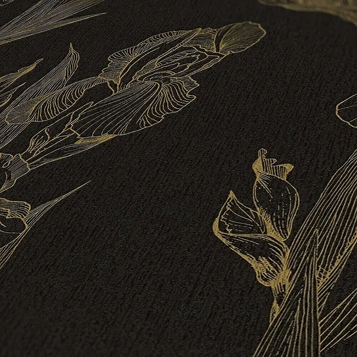 Tadessi Vliestapete M1-No.1376 - Schwarz, Floral, 10,05 x 0,53 m - Schwarze Tapete mit zarter goldener Iris-Linienkunst.