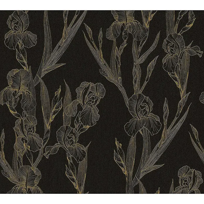 Tadessi Vliestapete M1-No.1376 - Schwarz, Floral, 10,05 x 0,53 m - Dunkle Tapete mit elegantem goldenem Iris-Blumenlinienmuster.