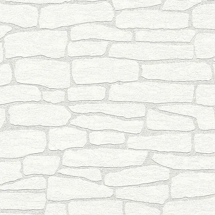 Tadessi Vliestapete M1-No.2586 - Weiß, Steinoptik, 10,05 x 0,53 m - Texturierte weiße Steinwandmusterung mit unregelmäßigen Formen und hellgrauen Fugen.