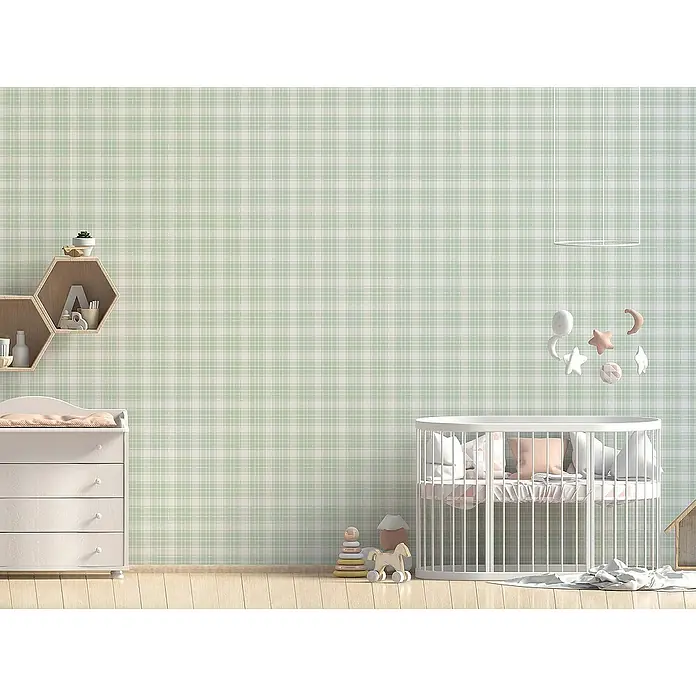 Tadessi Vliestapete M1-No.731 - Grün, Sonstiges, 10,05 x 0,53 m - Helles Babyzimmer mit weißer Wickelkommode, Regalen und rundem Gitterbett mit Mobile.