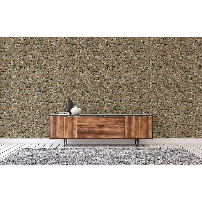 Tadessi Vliestapete M1-No.3818 - Braun, Steinoptik, 10,05 x 0,53 m - Tapete mit Steinmuster in natürlichen Braun- und Grautönen, die eine Innenwand bedeckt.
