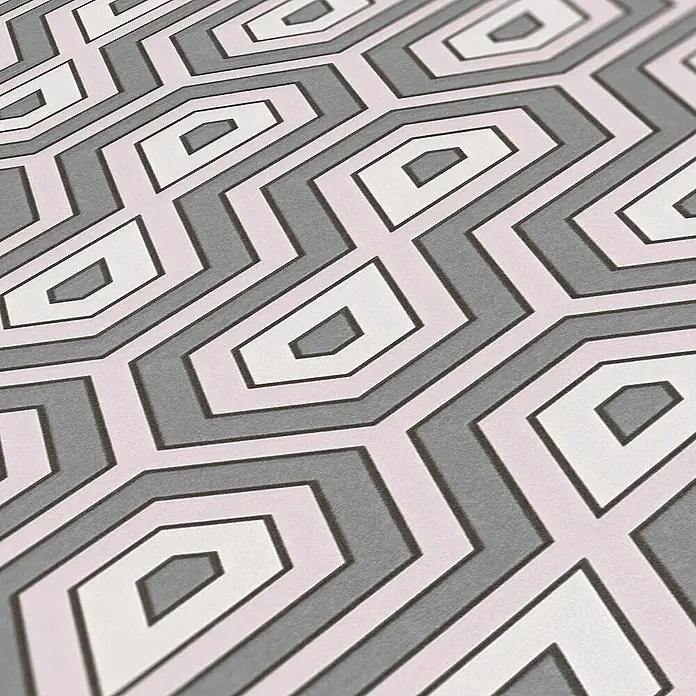 Tadessi Vliestapete M1-No.1543 - Rosa, Sonstiges, 10,05 x 0,53 m - Geometrisches Muster aus achteckigen und rechteckigen Formen in Weiß, Hellrosa und Dunkelgrau.