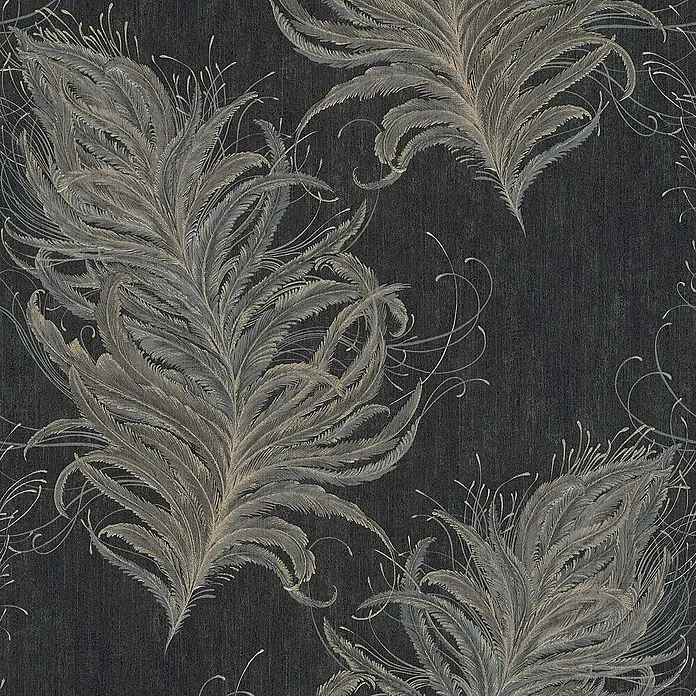 Tadessi Vliestapete M1-No.3327 - Schwarz, Sonstiges, 10,05 x 0,53 m - Dunkle Tapete mit eleganten Feder-Mustern in Grau und Beige, für eine edle Wanddekoration.