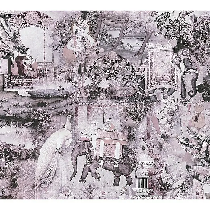 Tadessi Vliestapete M1-No.1694 - Rosa, Sonstiges, 10,05 x 0,53 m - Wandtapete mit aufwendiger indischer Miniaturkunst, Pfauen, Elefanten und Figuren in gedämpften Lilatönen.