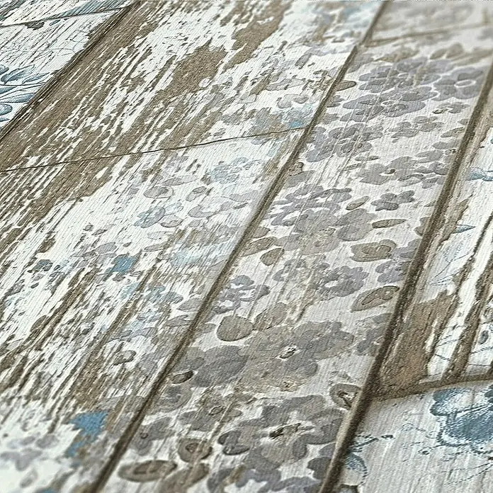 Tadessi Vliestapete M1-No.155 - Blau, Holzoptik, 10,05 x 0,53 m - Distressed weiße und braune Holzoptik-Oberfläche mit subtilen grauen und blauen Blumenmustern.