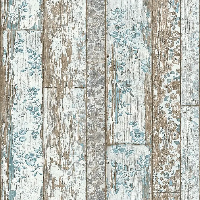 Tadessi Vliestapete M1-No.155 - Blau, Holzoptik, 10,05 x 0,53 m - Tapete im Shabby-Chic-Stil mit abgenutzten Holzplanken, weißen, braunen, blauen und grauen Blumenmustern.