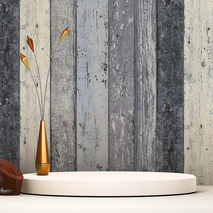 Tadessi Vliestapete M1-No.862 - Blau, Holzoptik, 10,05 x 0,53 m - Runder weißer Präsentationspodest für Produktinszenierungen, mit einer goldenen Vase auf der linken Seite.