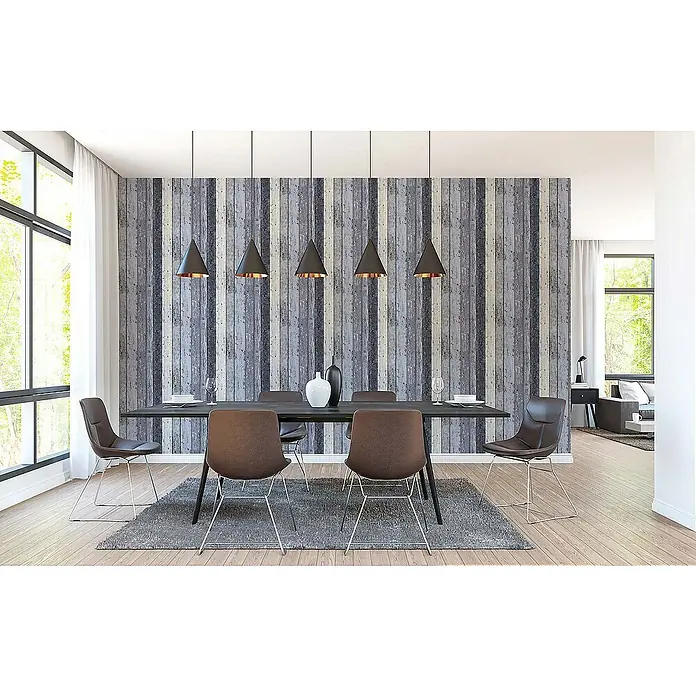 Tadessi Vliestapete M1-No.862 - Blau, Holzoptik, 10,05 x 0,53 m - Rustikale Tapete in gealterter Holzplankenoptik in Grau- und Weißtönen schmückt eine moderne Esszimmerwand.